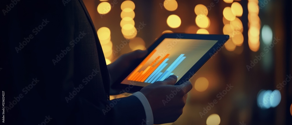 Poster tablet in professional hands displaying financial data, with illuminated background highlighting bus