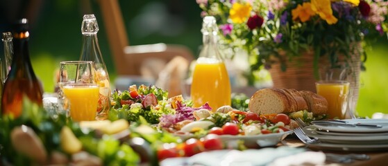 Table setting with fresh salads, fruits, and beverages for a garden party, showcasing vibrant colors and a festive atmosphere in outdoor dining experience.