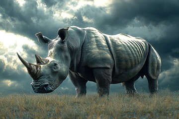 Fototapeta premium Majestic Rhino Stands in Grassy Savanna Under Stormy Skies