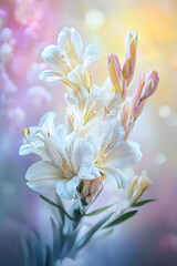 Fototapeta premium Beautiful white flowers against a soft, colorful background in a serene setting during the late afternoon