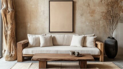 A Cozy Living Room With A Beige Couch, Wooden Coffee Table, And A Large Picture Frame On A Textured Wall. The Room Has A Calm And Serene Atmosphere.