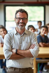 Obraz premium Teacher smiling confidently in classroom with students, promoting education, engagement, and positive learning environment for academic growth and collaboration.