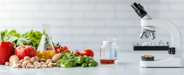 A microscope is placed beside fresh vegetables and laboratory equipment, symbolizing the intersection of science and nutrition.