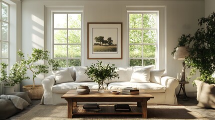 Mockup frame a farmhouse living room interior Weathered wood coffee table and soft linen sofa complement the cozy rural vibe in this detailed 3D render of rustic elegance