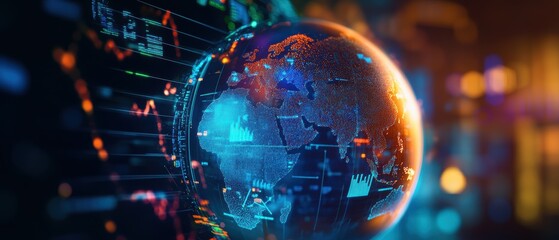 Technology, global connectivity and digital visuals representing data analysis in finance, with vibrant colors and graphical data trends for investment insights.