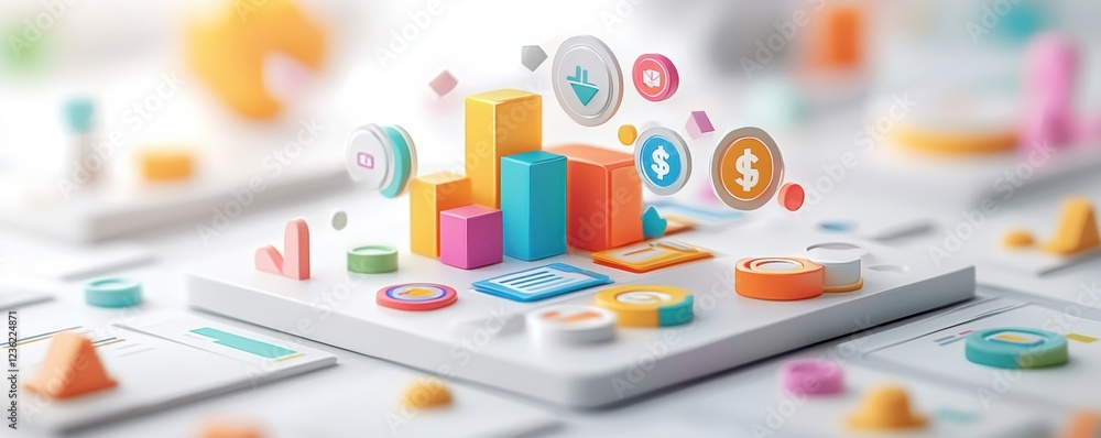 Poster detailed and vibrant 3d business data analytics dashboard icons for comprehensive financial reportin