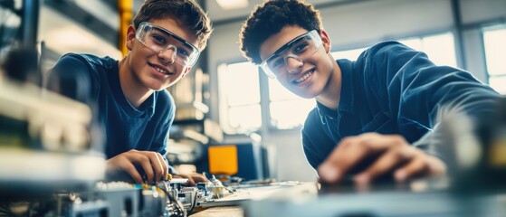 Teenagers engaged in hands-on engineering project in workshop, showcasing teamwork and creativity in STEM education with tools and machinery for innovation.