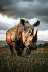 Fototapeta premium A majestic white rhinoceros stands in a grassy field