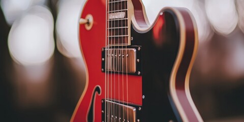 Fototapeta premium Red electric guitar outdoors, bokeh background, music.