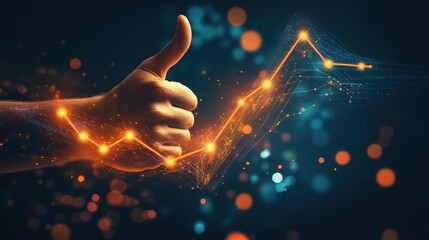 Thumbs up gesture with glowing lines depicting stock market growth, positive trends and financial success. Concept of approval, investment and digital progress in finance.