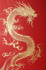 Fototapeta premium A majestic golden Chinese dragon elegantly swirling across a deep red background, symbolizing strength, wisdom, and good fortune in Chinese culture.