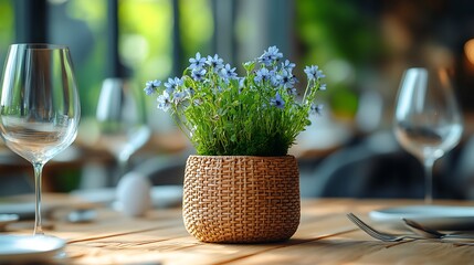 A nature-filled Easter table with moss, fresh herbs, and a handmade wicker wreath as the focal point.