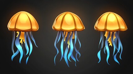 Golden jellyfish animation frames, dark background, game asset