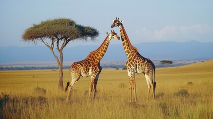 Obraz premium Two Giraffes on the African Savanna under a Sunny Sky