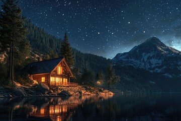 Fototapeta premium Lake Cabin at Night