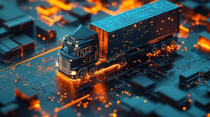 Truck navigating through a digital cityscape with glowing circuits, representing logistics, transportation technology, and modern supply chain solutions.