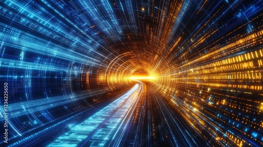 Poster abstract glowing data streams tunnel, digital flow. futuristic technology background.