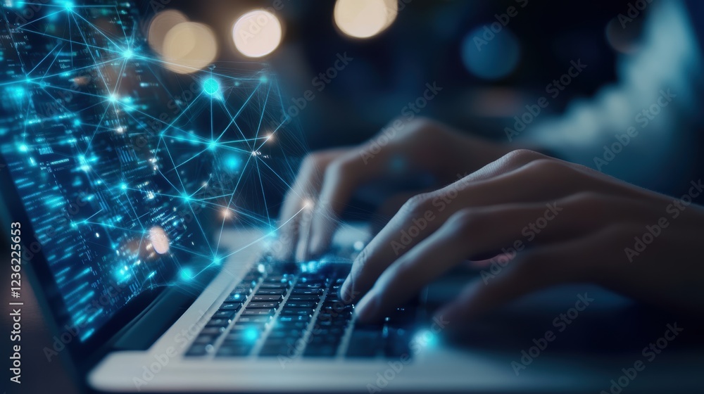 Poster typing on a laptop while digital data and connections visualize the future of technology, innovation