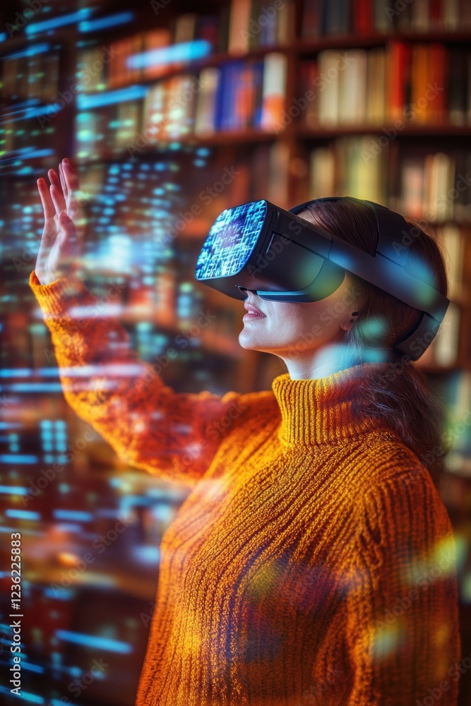 Poster virtual reality headset, immersive experience and user interaction in modern library. exploring digi