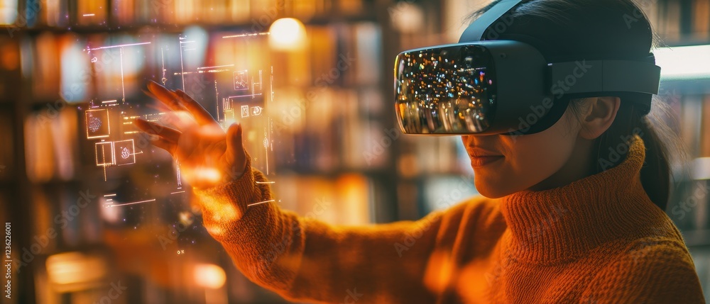 Poster virtual reality headset user interacting with digital interface in modern library. immersive technol