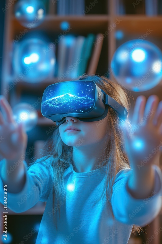 Poster Virtual reality headset worn by child reaching out, exploring digital worlds and interactive experiences, with glowing effects and futuristic background concepts.