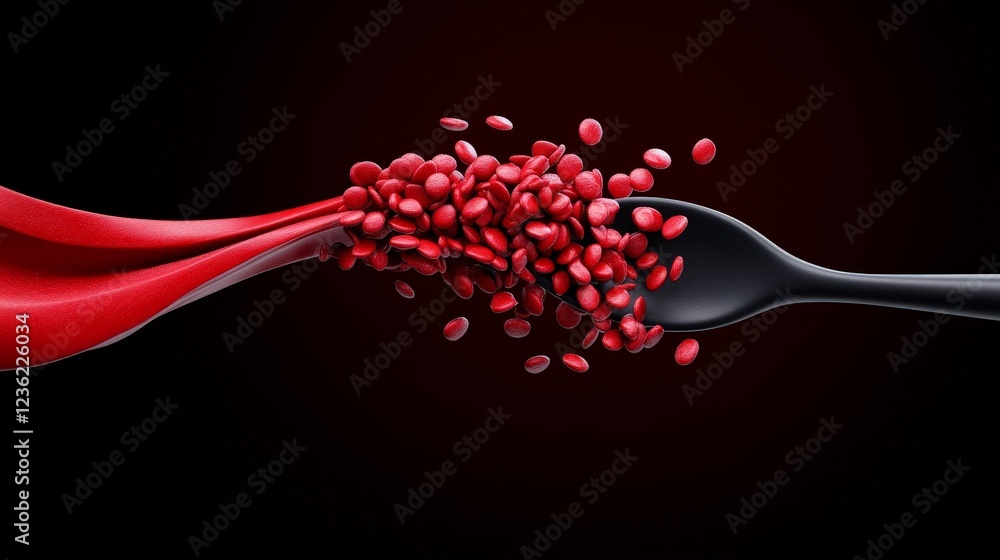 Poster red elixir: a captivating abstract image of a black spoon overflowing with vibrant red beads, spilli