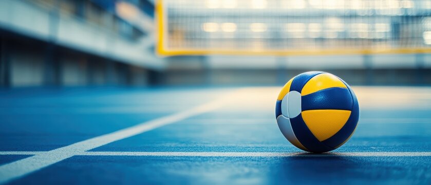 Volleyball on court floor with net in background during practice session. Sports equipment, athletic training, teamwork, and competition concept in indoor setting.