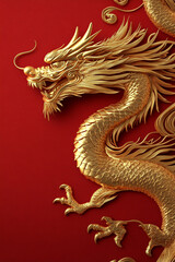 Fototapeta premium A detailed golden Chinese dragon against a red canvas background, symbolizing strength, prosperity, and luck in Chinese culture, with its powerful features displayed.
