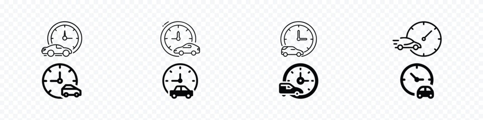 clock with a racing car icon, quick time icon, speed time vector icons set, Car and clock. Driving time icon