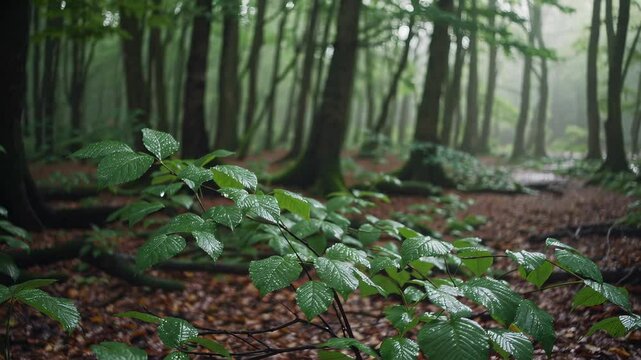 serene Fagus sylvatica (European beech) forest shrouded in mist, with rain-soaked leaves and a soft, damp forest floor, evoking tranquility and untouched nature.