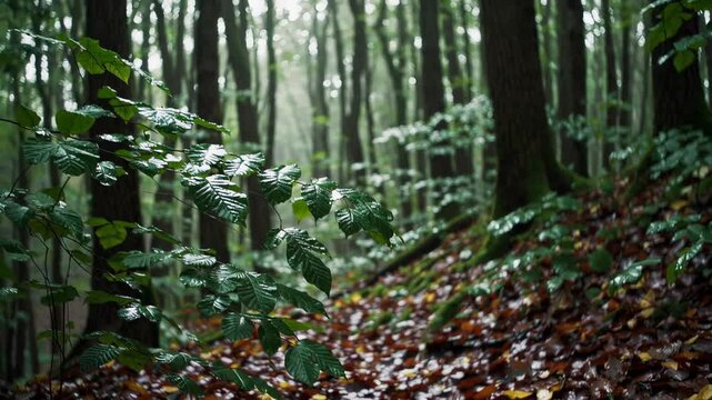 lush Fagus sylvatica (European beech) forest after rainfall, with glistening wet leaves and a misty atmosphere, evoking a sense of tranquility and untouched nature.