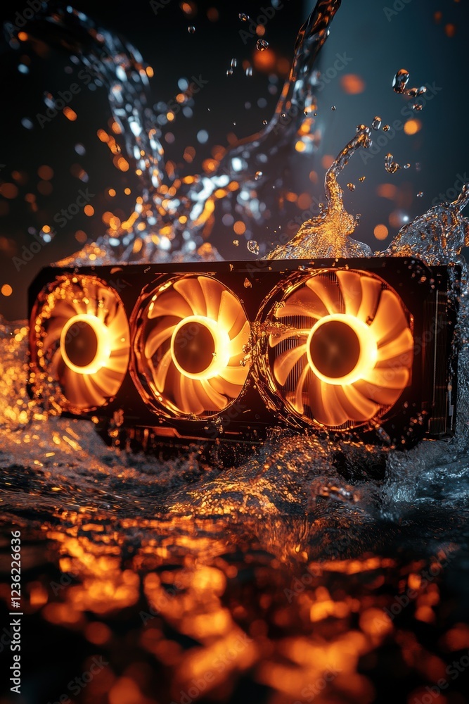 Fototapete Water splashing around a powerful graphics card with illuminated cooling fans, showcasing high-performance technology for gaming and digital artwork.