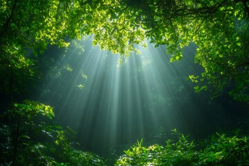 Obraz premium Sunbeams filtering through lush green forest canopy