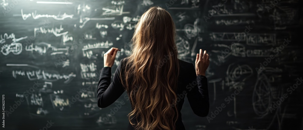 Poster woman analyzing complex equations on blackboard in classroom, focusing on mathematics and problem-so