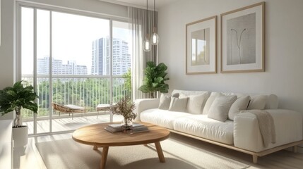 Fototapeta premium A Bright, Minimalist Living Room With A White Couch, Wooden Coffee Table, And Large Windows Overlooking A City Balcony. The Overall Vibe Is Calm And Serene.