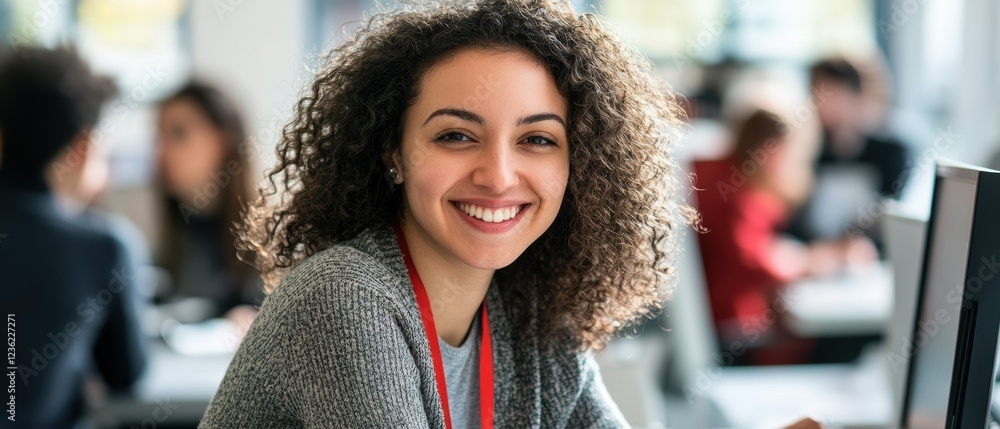 Poster woman at office desk smiling while working on computer, collaborating with colleagues in modern work