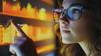 Woman analyzing stock market trends on digital screen, engaging with financial data and graphs, emphasizing technology in trading and investment analysis.