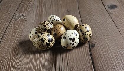 Fototapeta premium Fresh Quail Eggs on a Rustic Wooden Surface with Natural Textures