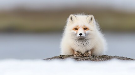 Fototapeta premium Arctic fox sitting on rock, snowy landscape. Wildlife photography for nature publications