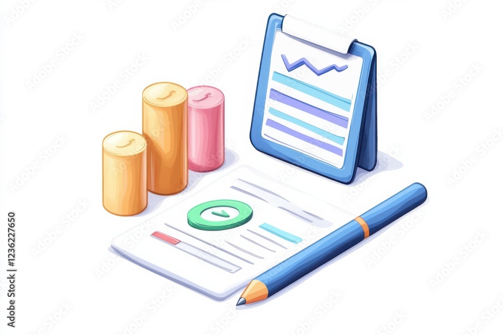 Poster financial report icon with data visualization tools like graphs charts and documents along with offi