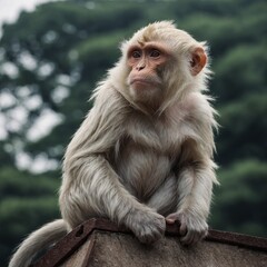 Obraz premium A wrinkled white monkey sitting on a temple rooftop.
