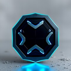Futuristic Metallic Coin with Neon Blue Glow
