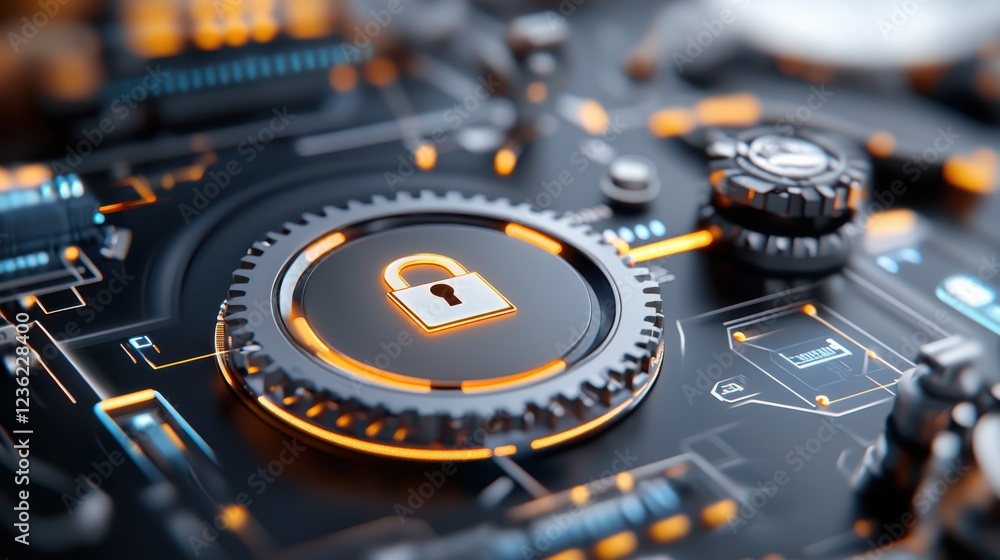 Poster cyber defense featuring glowing lock and digital elements futuristic and abstract design showcasing 
