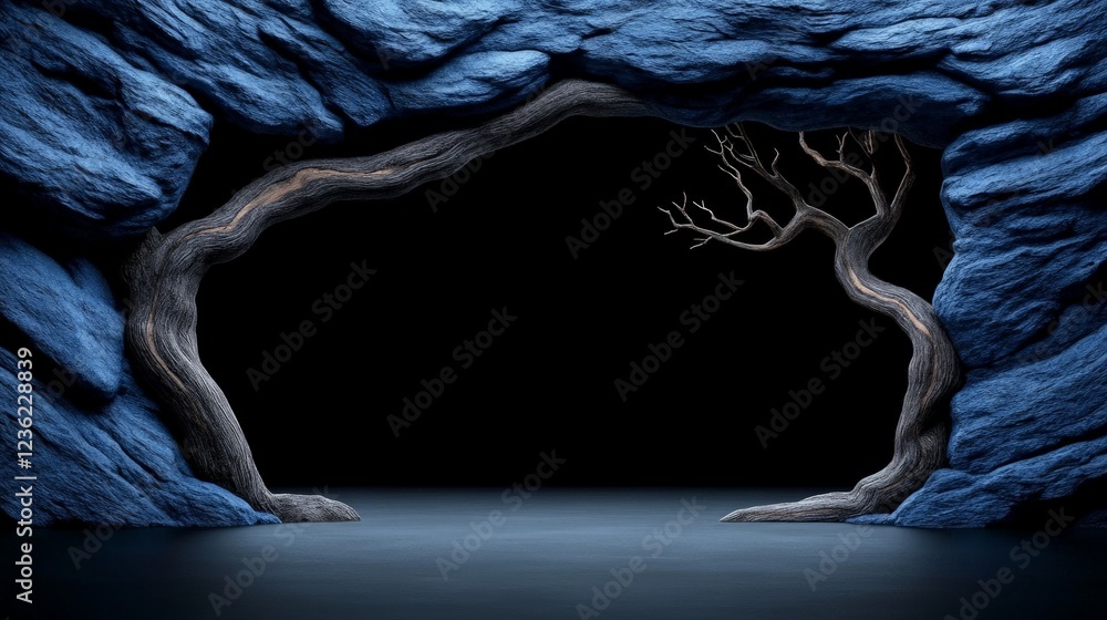Poster into the unknown: an enigmatic portal of gnarled branches and weathered rock beckons against a backd