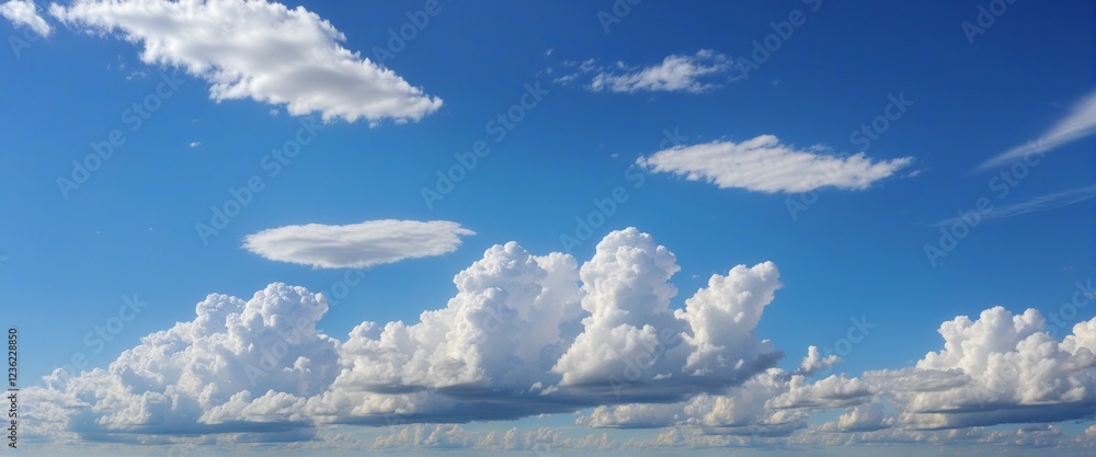Poster serene summer sky with fluffy clouds and open space for text