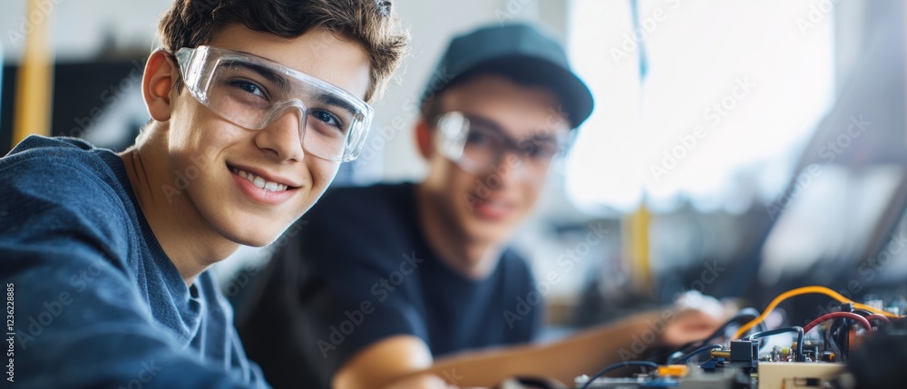 Poster young men working together on engineering project in workshop, focused on electronics assembly or re