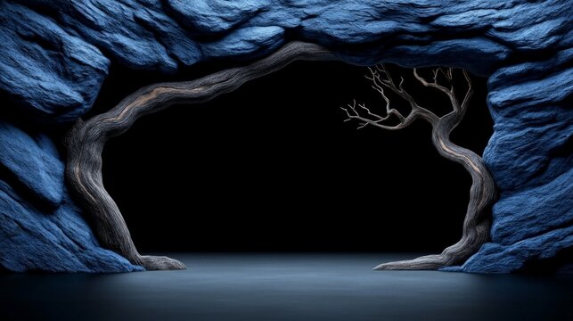 Into the Unknown:  An enigmatic portal of gnarled branches and weathered rock beckons against a backdrop of deep blue, inviting you to step through into the unknown.