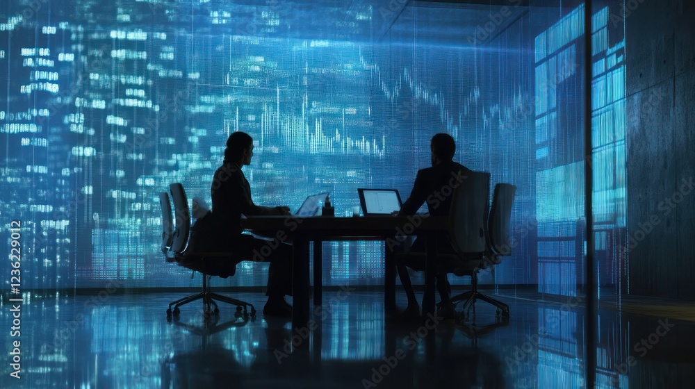 Aufkleber business meeting in front of data analytics display with trading insights