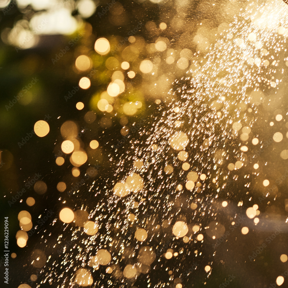 Poster A close-up view of sparkling water droplets falling in the sunlight, creating beautiful bokeh effects and a soft golden glow, showcasing a refreshing, dynamic moment in nature.