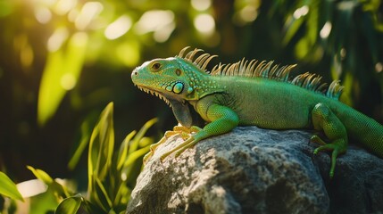 Fototapeta premium Vibrant Green Iguana Basking on Sunlit Rock in Tropical Garden: Highlighting the Colorful and Dynamic Presence of Reptiles in an Exotic Outdoor Setting